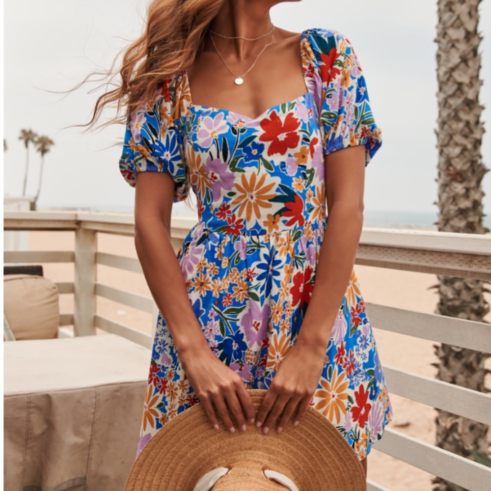Sugarlips Blue Floral Mini Dress with Red, Yellow, Purple Accents